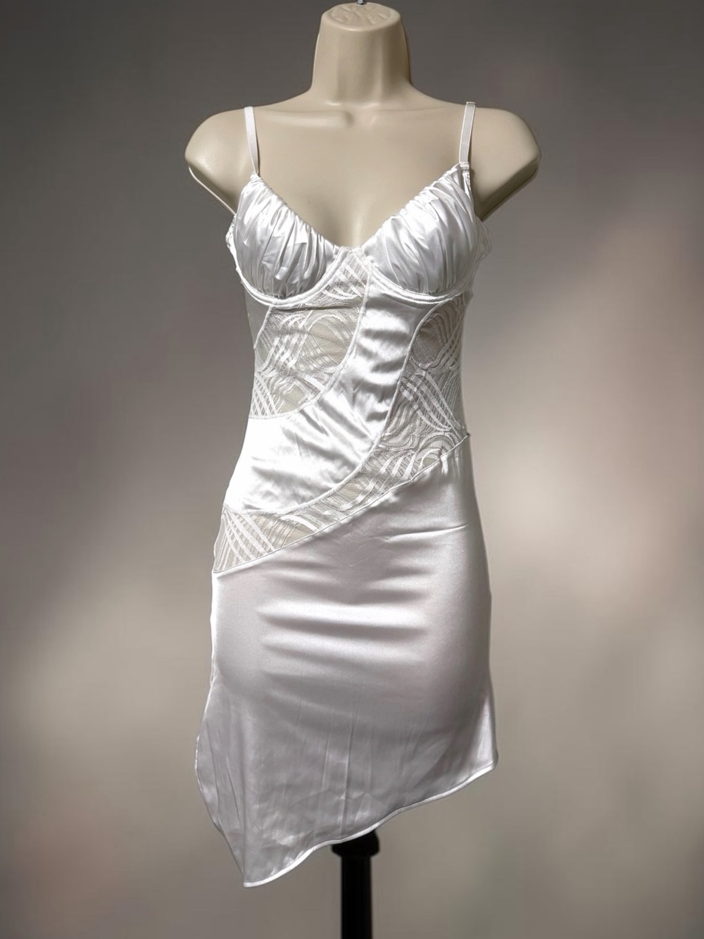 OW Collection White Satin Lace Asymmetric Mini Dress
